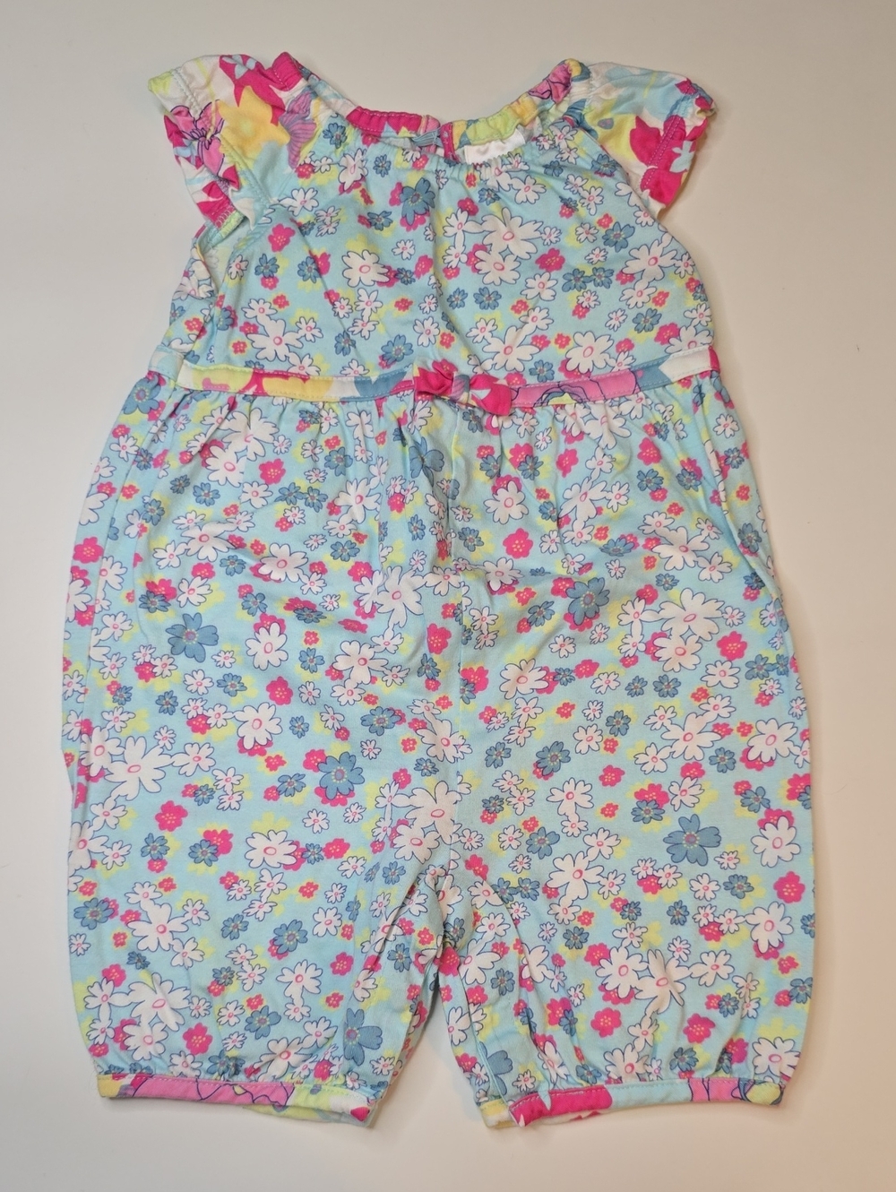Hanna Andersson Light Blue Floral Cotton Romper with Pink Accents